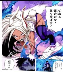 battle big_breasts blue_flame boku_no_hero_academia brown_skin bunny_ears bunny_tail color colored dabi fight fighting hero_outfit_(mha) jumping kohei_horikoshi manga manga_page mirko miruko muscular_female my_hero_academia official_art panels red_eyes rumi_usagiyama shueisha shueisha_inc. todoroki_touya touya_todoroki usagiyama_rumi weekly_shonen_jump weekly_shounen_jump white_hair