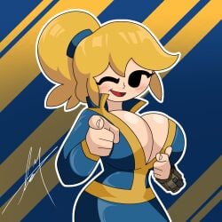 big_ass big_breasts black_eyes breasts fallout fallout_4 fallout_new_vegas mike_(desloq) nipples nipples_visible_through_clothing vault_girl vault_suit yellow_hair
