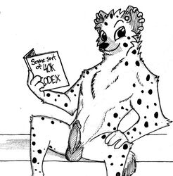 1boy anthro bedroom_eyes black_and_white book disney ear_piercing erection fan_character fur half-closed_eyes happy hyena male male_only mammal naughty_face nude penis piercing seductive simple_background smile solo spiff spots stripper_hyena traditional_media_(artwork) white_background zootopia