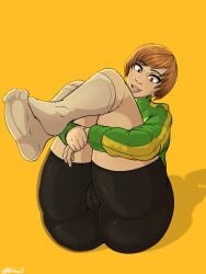1girls arms_crossed ass ass_focus atlus b_b_poltergeist big_ass bike_shorts brown_eyes brown_hair clothed female female_focus huge_ass jacket legs_together legs_up persona persona_4 pussy satonaka_chie short_hair shorts sitting smile socks solo solo_female solo_focus spats thick thick_ass thick_thighs tomboy