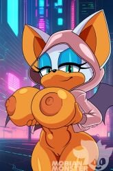 1girls 2025 anthro bat blue_eyes bottomless bottomless_female breast_lift breasts_out eyeshadow female female_only hi_res hoodie innie_pussy mobian_monster neon_lights pussy rouge_the_bat sega smile sonic_(series) sonic_the_hedgehog_(series) white_fur