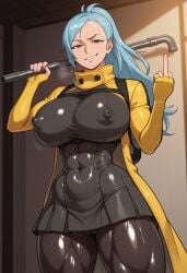 1girls abs ai:_the_somnium_files ai_generated big_breasts blue_hair cameltoe chest_harness erect_nipples erect_nipples_under_clothes female fit_female metal_pipe middle_finger mizuki_date muscular muscular_female pipe ponytail smirk solo thick_thighs yellow_clothing