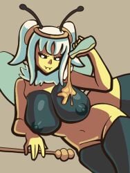 antennae_(anatomy) arthropod arthropod_abdomen bee bee_girl big_breasts breasts bug_girl fangs female honey_(food) legs monster monster_girl nyxaquarious pouring_liquid pouring_on_breasts pouring_on_self queen_bee_(terraria) re-logic simple_background staff terraria thick_thighs wings