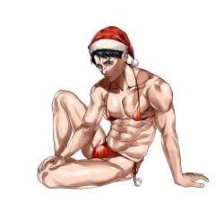 abs angry bikini black_hair blue_eyes bulge christmas christmas_outfit crossdressing embarrassed facial_scar full_body gegege_no_kitarou kitarou_tanjou_gegege_no_nazo looking_at_viewer male male_only masculine_crossdresser mizuki_(gegege_no_kitarou) muscular muscular_male nipple_slip santa_hat scar scar_across_eye sitting solo sweatdrop tokume_mumei