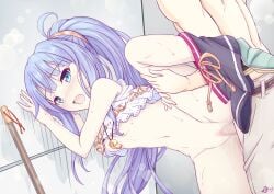 1boy blue_eyes blue_hair breasts female highres iris_mysteria! k_(nura-rikuo) long_hair medium_breasts mop nipples open_mouth ponytail priscilla_marcell_de_palvin sex sex_from_behind skirt standing standing_sex undressing whistle
