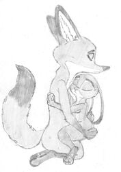 anthro black_and_white canine disney drawning duo female fox judy_hopps lagomorph male mammal monochrome nick_wilde nude rabbit sex simple_background sketch zootopia