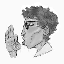 1boy 1male black_and_white digital_drawing_(artwork) digital_media_(artwork) drool drool_on_face drool_string drooling drooling_tongue expressionless expressionless_male fellatio_face fellatio_gesture glasses male male_focus male_only mr_shrink oc ok_sign original original_character profile_view saliva saliva_drip saliva_on_chin saliva_on_face saliva_string side_view stoic suck_face tinted_eyewear tinted_glasses tongue tongue_out tongue_out_open_mouth ugly_man unnamed_character