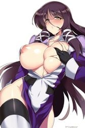 areola_slip areolae bangs black_gloves black_hair blush breasts covered_navel cowboy_shot deep_skin dress fasalina female gloves gunxsword hair_ribbon highres large_breasts long_hair long_sleeves looking_at_viewer parted_lips partly_fingerless_gloves pelvic_curtain puffy_nipples purple_dress ribbon self_fondle solo thighhighs tress_ribbon very_long_hair white_legwear white_ribbon wokashiya yellow_eyes