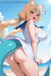ass big_breasts blonde_hair fit happy looking_at_viewer open_mouth plump_ass sameko_saba shark_tail syndweinai twintails wind_lift