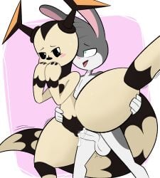 2022 2_antennae 5_fingers absurd_res alien antennae_(anatomy) anthro anthro_on_anthro anthro_penetrated anthro_penetrating anthro_penetrating_anthro arm_markings balls big_tail black_antennae black_body black_countershading black_eyes black_neck black_nose black_stripes blush blush_lines blush_stickers bodily_fluids body_part_in_pussy bracelet_(marking) chest_markings countershade_face countershade_neck countershade_vulva countershading covering covering_mouth covering_own_mouth covering_self cum cum_from_vagina cum_in_vagina cum_inside digital_media_(artwork) duo ele_chan eleking eyelashes fatalafterdark female female_anthro female_penetrated fingers from_behind_position fur genital_fluids genitals green_eyes grey_balls grey_body grey_countershading grey_ears grey_fur grey_penis grey_tuft head_markings head_tuft heart_(marking) hi_res holding_another's_leg holding_leg holding_leg_up humanoid_genitalia humanoid_penis humanoid_vulva interspecies kaiju lagomorph leg_markings leporid male male/female male_anthro male_penetrating male_penetrating_female mammal markings monster multicolored_arms multicolored_body multicolored_legs multicolored_tail narrowed_eyes one_eye_closed one_leg_up open_mouth open_smile penetration penile penile_penetration penis penis_in_vagina pink_blush pink_inner_ear pink_nose pink_tongue rabbit raised_leg reverse_countershading rotto_(mrrottson) round_nose sex smile standing standing_sex striped_markings striped_tail stripes sweat tail tail_markings tan_body tan_tail thick_thighs tongue triangle_nose tuft two_tone_arms two_tone_body two_tone_legs two_tone_tail vaginal_fluids vaginal_fluids_on_penis vaginal_penetration vaginal_penetration wide_hipped_anthro wide_hipped_female wide_hips