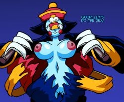 2girls blue_skin breasts consensual darkstalkers dialogue flashing horny_female hsien_ko jiangshi_costume lei-lei mei-ling pink_dress pussy ripping_clothing simple_background surprised vagina vampire_(game) waiting_for_sex