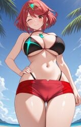 1girl ai-created ai_generated bangs bare_shoulders beach bikini black_bikini black_shorts black_swimsuit blue_sky blush breasts cameltoe chest_jewel choker clavicle cleavage closed_mouth clothing cloud cowboy_shot crown day drop_earrings earrings eyebrows female female_only gluteal_fold halterneck hand_on_hip hand_on_own_hip headpiece headwear high_resolution highleg highleg_bikini highleg_swimsuit homura_(xenoblade_2) huge_breasts jewelry large_breasts looking_at_viewer micro_shorts midriff navel ocean one_eye_closed outdoors palm_tree portrait pyra_(xenoblade) red_bikini red_eyes red_hair red_shorts red_swimsuit rena_aikawa_(pixiv_user) sand shiny shiny_skin shore short_hair short_shorts shorts skindentation sky smile solo standing stomach swept_bangs swimsuit thick_thighs thigh_gap thighs tiara tree underboob water wink xeno_(series) xenoblade_(series) xenoblade_chronicles_2