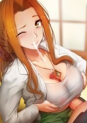 1boy blush breasts censored cleavage cum cum_on_body cum_on_breasts cum_on_upper_body facial female hair_ornament jewelry large_breasts long_hair long_sleeves mosaic_censoring necklace one_eye_closed orange_hair paizuri paizuri_under_clothes penis solo_focus straight