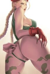 ass beret bodypaint bodysuit bodysuit_pull braided_hair british_female cammy_white capcom dantewontdie gauntlet gloves low-angle_view nipples red_beret scar_on_face street_fighter tagme