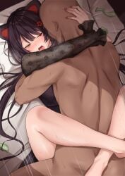 1boy absurdres animal_ears black_dress blush brown_hair clothed_sex commentary_request condom dog_ears dress ekibyoudayo faceless faceless_male female hand_on_another's_head happy_sex heterochromia highres hug inui_toko inui_toko_(5th_costume) lace_sleeves leg_lock long_hair low_twintails male missionary nijisanji official_alternate_costume on_bed open_mouth paid_reward_available red_eyes see-through_clothes see-through_sleeves sex solo_focus straight swept_bangs twintails used_condom very_long_hair virtual_youtuber yellow_eyes