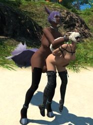 bit_gag blindfold blindfolded bondage bondage cat_ears cat_girl catgirl collar dangling_legs dark-skinned_female dark-skinned_futa dominant_futa final_fantasy_xiv gpose(ffxiv) hoof_boots horsecock_futa large_ass large_breasts large_penis larger_futa light-skinned_female miqo'te shackles submissive_female u'thuri y'shtola