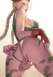 ass beret bodypaint bodysuit bodysuit_pull braided_hair british_female cammy_white capcom dantewontdie fingering fingering_pussy gauntlet gloves low-angle_view nipples red_beret scar_on_face street_fighter tagme
