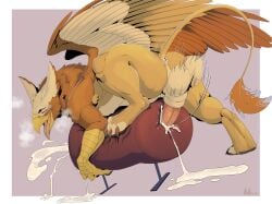 animal_genitalia animal_penis anus artist_logo ass avian balls beak bodily_fluids breath brown_body cum cum_drip cum_on_ground digital_media_(artwork) dripping ejaculation feathered_wings feathers feet feral genital_fluids genitals gryphon hi_res logo male male_penetrating messy molnyshko multicolored_body mythological_avian mythological_creature mythology penetration penis solo tail talons toes tongue tongue_out two_tone_body wings yellow_body