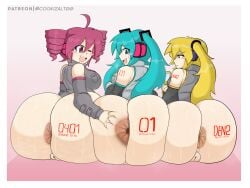 3girls accurate_art_style aerolae akita_neru anus anus_focus ass_bigger_than_head ass_focus ass_grab ass_marks big_ass blue_hair butt butt_focus cookizalt00 female hatsune_miku huge_anus huge_ass kasane_teto markings nervous_smile only_girl patreon patreon_logo red_hair sitting triple_baka_(vocaloid) vocaloid yellow_hair