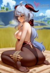 1girls 2d ai_generated ass big_ass breasts erophoenix female female_focus full_body ganyu_(genshin_impact) genshin_impact horns long_hair looking_at_viewer medium_breasts nipples pantyhose patreon_username silver_hair solo solo_female sweat thick thick_thighs uncensored undressing