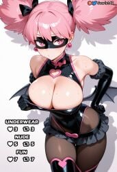 ai_generated bat_wings belt big_breasts black_mask boku_no_hero_academia boots bowtie cleavage cleavage_cutout cowboy_shot domino_mask earrings elbow_gloves hand_on_hip haneyama_kazuho heart_cutout kazuho_haneyama large_breasts leotard mask midriff miniskirt my_hero_academia my_hero_academia:_vigilantes pantyhose pink_eyes pink_hair pop_step pulling_clothing scarletai_ shiny_skin short_twintails skirt slim_waist stable_diffusion standing sweat sweatdrop thick_thighs thigh_boots thighhighs thighs tight_clothing tight_fit twintails wings