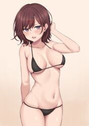 bare_arms bare_belly bare_legs bare_shoulders bare_thighs belly_button big_breasts bikini black_bikini blush breasts brown_hair cleavage collarbone groin hairpin higuchi_madoka idolmaster idolmaster_shiny_colors micro_bikini mole mole_under_eye parted_lips purple_eyes shiny_skin short_hair sideboob thighs underboob ushimizu