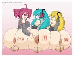 3futas accurate_art_style aerolae akita_neru anus anus_focus ass ass_bigger_than_head ass_focus ass_grab ass_marks balls big_ass blue_hair butt_focus cookizalt00 futa_focus futa_on_futa futa_only futanari hatsune_miku huge_anus huge_ass huge_balls intersex kasane_teto markings nervous_smile patreon patreon_logo red_hair sitting triple_baka_(vocaloid) vocaloid yellow_hair