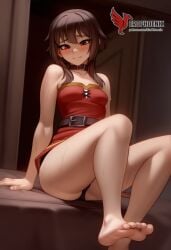 1girls 2d ai_generated ass back bare_shoulders barefoot big_ass bra brown_hair collar erophoenix female female_focus full_body kono_subarashii_sekai_ni_shukufuku_wo long_hair looking_at_viewer megumin pale_skin pale_skinned_female panties patreon_username red_eyes short_hair sitting small_breasts smile soles solo thick thick_thighs uncensored underwear