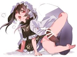 1boy barefoot black_dress black_hair blush clothes_lift commentary_request dress dress_lift drooling erection female hairband hayasaka heavy_breathing imminent_penetration lab_coat lolita_hairband long_hair mix_tou open_mouth penis rance_(series) rance_x red_eyes saliva smile straight