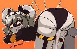 alternate_version_available ass ass_focus blush bodysuit cock cum cum_in_pussy from_behind glitch_productions gritted_teeth j_(murder_drones) lewdthealess murder_drones panties_aside robot thick_thighs twintails