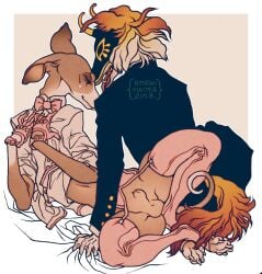 2018 animal_genitalia anthro anthro_on_anthro bald balls black_clothing black_mask black_shirt black_topwear border brown_balls brown_sheath brown_tail canid canine canis cheek_tuft closed_eyes closed_smile clothed clothed_anthro clothed_male clothing countershading dated domestic_dog duo facial_tuft feet femboy floppy_ears folded_ears fully_sheathed fur genitals gloves grabbing_sheets handwear hi_res hindpaw humanoid_hands hunting_dog intimate koiranmaitoa legwear male male/male male_anthro mammal mouth_closed multicolored_body multicolored_fur navel open_mouth orange_body orange_fur paws pink_bow pink_clothing pink_gloves pink_handwear pink_legwear pink_shirt pink_stockings pink_thigh_highs pink_topwear sheath shirt sighthound simple_background smile stockings tail tan_background tan_body tan_countershading tan_fur teeth thigh_highs topwear tuft two_tone_body two_tone_fur two_tone_mask victorian white_border yellow_body yellow_fur