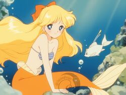 1boy 1fish bishoujo_senshi_sailor_moon blonde_hair blue_eyes cleavage fairyrebellion fish medium_breasts mermaid minako_aino seashell_bra underwater