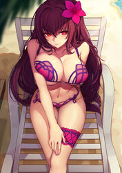 1girls absurdres bangs beach bikini blush cleavage clothed_female curvy evan_yang fate/grand_order fate_(series) female female_only flower hair_ornament large_breasts long_hair purple_hair red_eyes scathach_(fate) scathach_(swimsuit_assassin) sitting small_waist solo swimsuit thigh_gap thighs