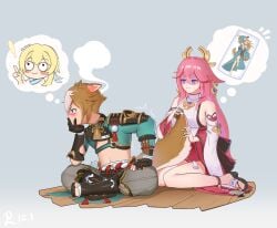 1boy 1girls blush brushing_fur dog_boy dog_ears dog_tail embarrassed female fluffy_tail genshin_impact gorou_(genshin_impact) lumine_(genshin_impact) male ms_hina_(genshin_impact) petting pink_hair purple_hair straight tail tail_brush twitching yae_miko