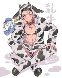 2boys bikini black_hair blue_eyes blush collar cow_boy cow_costume cow_ears cow_horns cow_print cow_print_bikini cow_print_thighhighs cowbell ear_tag full_body gegege_no_kitarou hoodie hooves kitarou_tanjou_gegege_no_nazo looking_at_viewer male male_only medama_oyaji_(human) meow_nightcat mizuki_(gegege_no_kitarou) scar scar_across_eye sitting solo_focus sweatdrop thighhighs toned toned_male