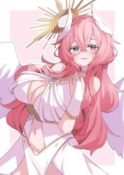 angel angel_wings bridal_gauntlets cleavage dress feathered_wings female_only huge_breasts long_hair navel pink_hair purple_eyes six_box smile solo vrchat wings