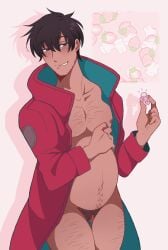1cuntboy 2025 black_hair blush clitoris commission cuntboy cuntboy_only digital_media_(artwork) hairy hairy_cuntboy hairy_pussy jacket jacket_only nicholas_d_wolfwood pacifier partially_clothed pink_background pregnant pregnant_belly pregnant_cuntboy princessharumi pubic_hair pussy solo solo_cuntboy tan_body tan_skin trigun vagina