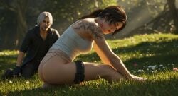 ai_assisted ai_generated ass ass_focus beautiful closed_eyes grinding grinding_on_leg half_nude highres hips lara_croft leshay7 nature_background ponytail soft_ass tattoo thick_thighs thighs tomb_raider watching watching_masturbation