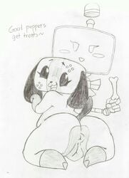 animate_inanimate anthro anus ass big_butt bone breasts canine duo english_text female looking_at_viewer looking_back machine mammal mob_face monita monochrome nintendo nintendo_land nintendo_switch nude open_mouth pussy shortstack simple_background smile switch_dog text video_games white_background