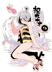 1boy 1girls ahoge between_legs bottomless father_and_child father_and_daughter female female_focus full_body gegege_no_kitarou genderswap_(mtf) geta grey_eyes grey_hair hair_over_one_eye hanten_(clothes) ittan_momen kitarou male medama_oyaji miniboy no_bra parent_and_child rule_63 short_hair small_breasts smikw solo_focus toromi_(toromix2) vest youkai