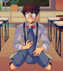 bowtie braces brown_hair bulge bulge_through_clothing classroom fondling_bulge fondling_penis fully_clothed glasses hazel_eyes huge_bulge kneeling looking_at_own_penis male male_focus male_only nerd oc precum_through_clothing socks solo solo_focus solo_male suspenders yuunsfw