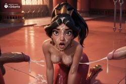 1girls 2boys ai_generated aladdin aladdin_(1992_disney_film) all_fours black_hair breasts brown_eyes bukkake cum cum_in_mouth cum_on_body cum_on_breasts cum_on_clothes cum_on_hair cum_on_tongue dark-skinned_female dark-skinned_male dark_skin earrings facial hi_res interracial jewelry long_hair looking_at_viewer medium_breasts multiple_boys nipples open_mouth pants penis ponytail princess_jasmine r34arts solo_focus straight testicles tongue topless uncensored veiny_penis