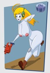2021 big_ass big_breasts big_nipples blonde_hair boots_only cave_story curly_brace footwear_only headpiece holding_weapon looking_down naked naked_female nude polynut robot running surprised