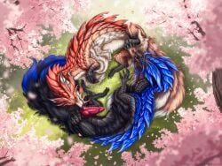 4:3 69_position animal_genitalia balls belly_up bird's-eye_view black_body black_scales blue_body blue_fur capcom cherry_blossom cherry_blossom_tree cherry_tree claws cunnilingus dead.akira dragon eastern_dragon erection finger_claws flower fluffy fluffy_tail fruit_tree fur genital_slit genitals grass grass_field hi_res high-angle_view knot knotted_penis laying_on_grass leviathan_(mh) licking mizutsune monster_hunter mythological_creature mythological_scalie mythology oral penile penis penis_lick personal_grooming pink_body pink_scales plant prunus_(flower) red_body scales scalie sex snout spread_legs spreading tail tales text toe_claws tongue tree url vagina vaginal_penetration vulva white_body white_fur