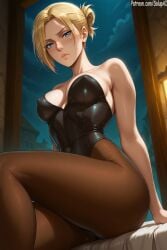 1girls ai_generated anime annie_leonhardt ass attack_on_titan bangs black_leotard blonde_hair blue_eyes evening female female_only from_below hair_bun leotard looking_at_viewer medium_breasts nipples_visible_through_clothing pantyhose patreon playboy_bunny salupai shingeki_no_kyojin short_hair sitting solo solo_female thick_thighs thighs uncensored watermark