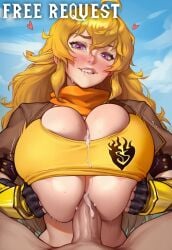 ai_generated biting_own_lip breast_lift cum cum_on_breasts dm4freeairequests gigantic_breasts huge_breasts paizuri paizuri_under_clothes pov rwby skindentation yang_xiao_long