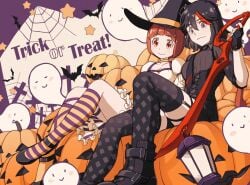 anime_style black_hair bob_cut boots brown_hair corset gloves goth goth_girl halloween halloween_costume high_heels kill_la_kill long_socks mankanshoku_mako matoi_ryuuko red_hair ren_mizuha short_hair sitting smiling stockings teenager thighhighs two_tone_hair witch_costume witch_hat