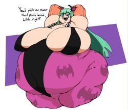 arms_behind_back breasts_bigger_than_head darkstalkers eyebags fangs kaboodledoodles morrigan_aensland navel_visible_through_clothes obese_female overweight_female skintight sole_female ssbbw succubus talking_to_viewer