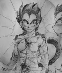 andromorph bodily_fluids cuntboy dragon_ball genderswap genderswap_(mti) graphite_(artwork) hi_res humanoid intersex nipples rule_63 saiyan shonencore solo sun sweat tail tailed_humanoid traditional_media_(artwork)