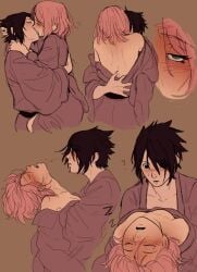 back_view black_hair blush ceejles ceejss couple drunk loving_couple making_out passing_out pink_hair robe sakura_haruno saliva sasuke_uchiha